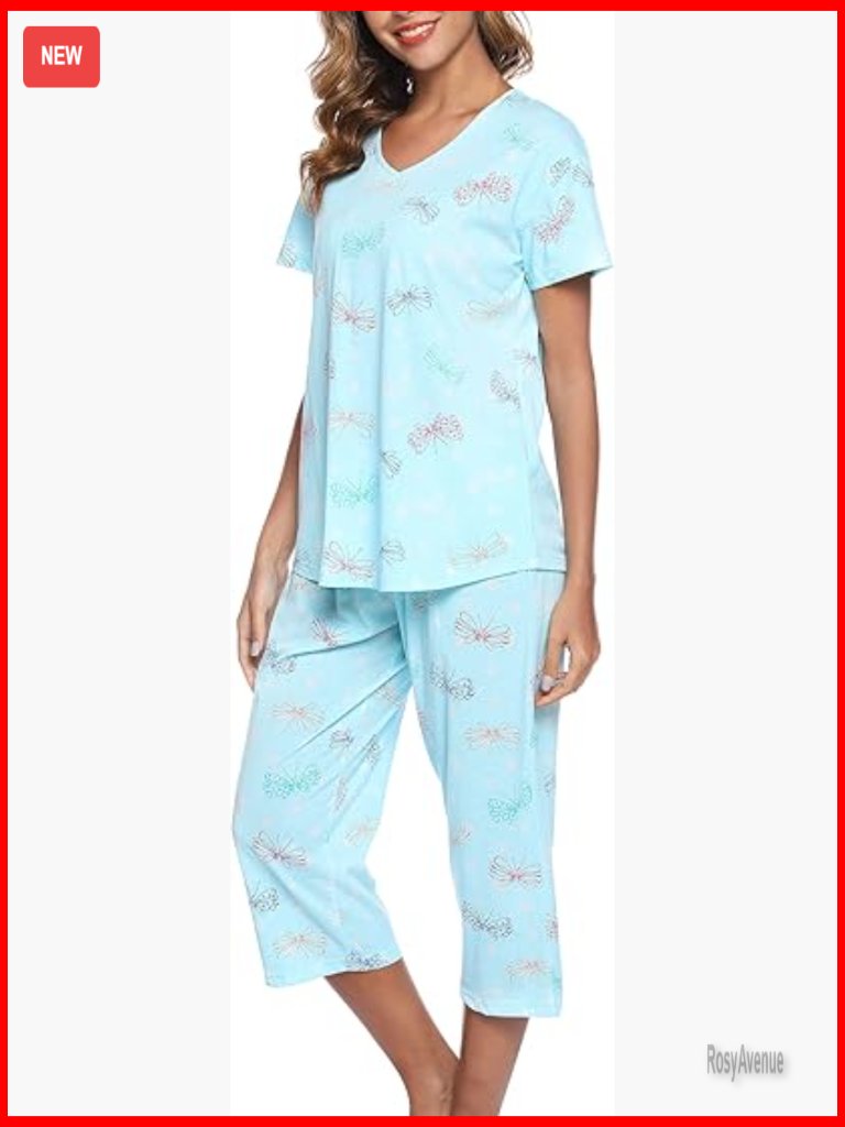 Cotton Pajama Set Short Sleeve Capri Pants Lounge Set Sleepwear 2 Piece